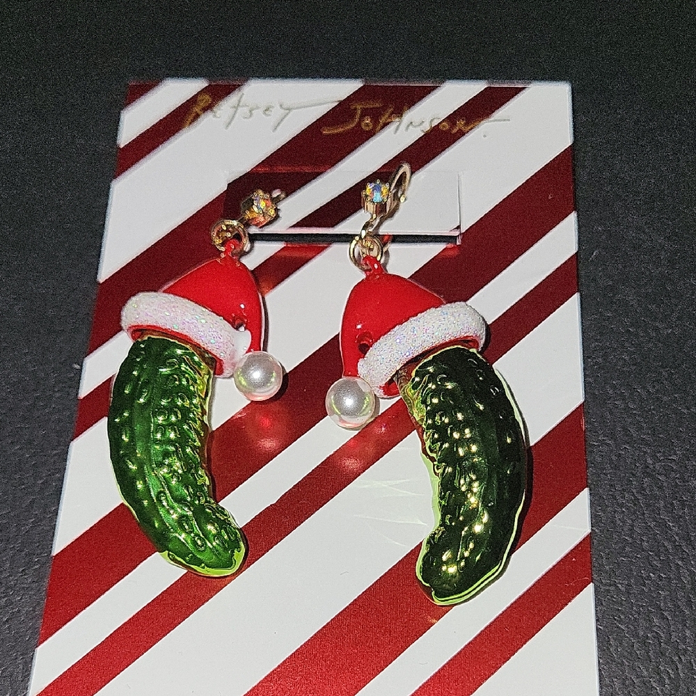 Betsey Johnson Christmas Pickle Earrings W Santa Hat Brand New On Card Ta Rt LS